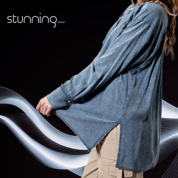 EASEL "Summer Breeze" Mineral Washed Frayed Seams Button Up Tunic Top Side Slits - Picture 11 of 15